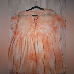 Easel, Tye-dye, Tie front, short sleeve, Size 1X, Orange Sherbet color, soft